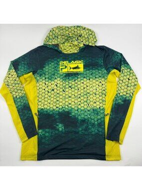 Pelagic Exo-Tech Shirt Hooded Mens Medium Green Fishing UPF 50+ Facemask Stretch